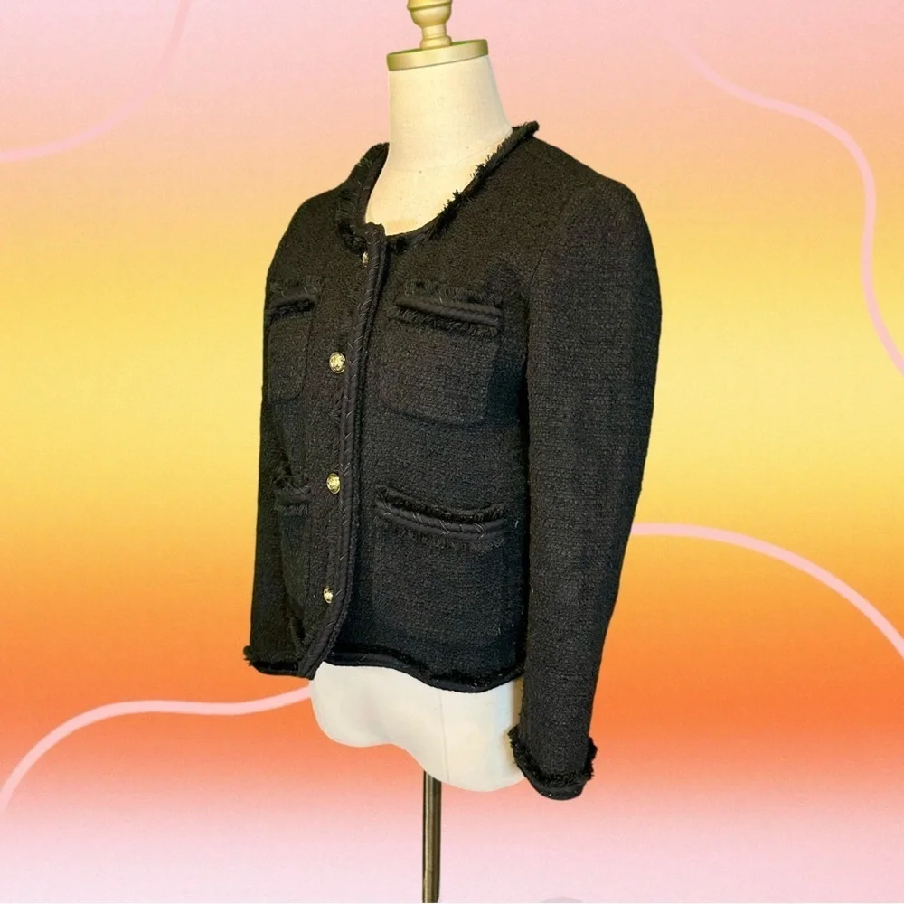 J. Crew Black Wool-Blend Tweed Gold Button-Front Patch Pocket Lady Jacket Size 0